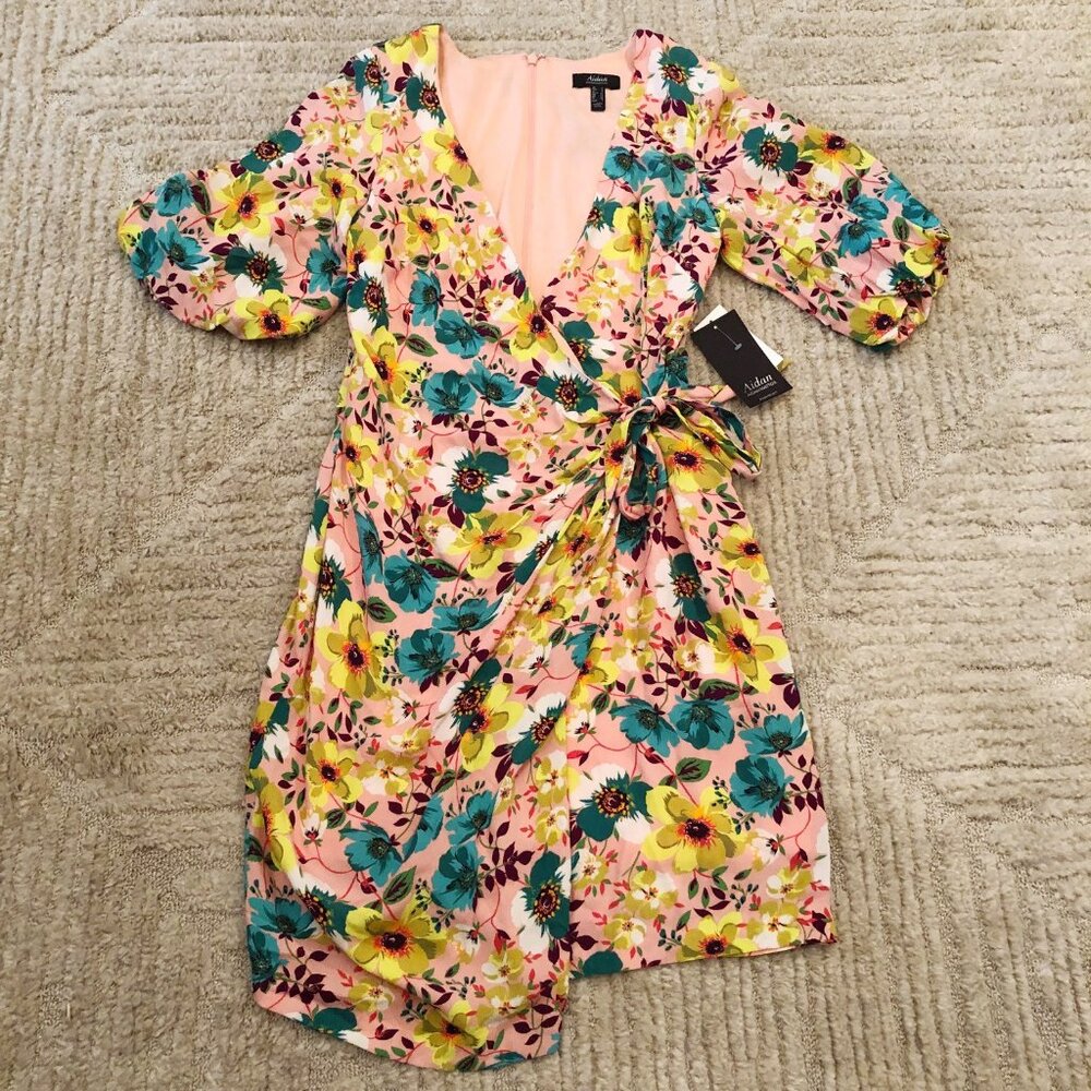 NWT $225 Aidan Mattox Peach Floral Printed Faux Wrap Cocktail Summer Dress 2 XS - Picture 3 of 8